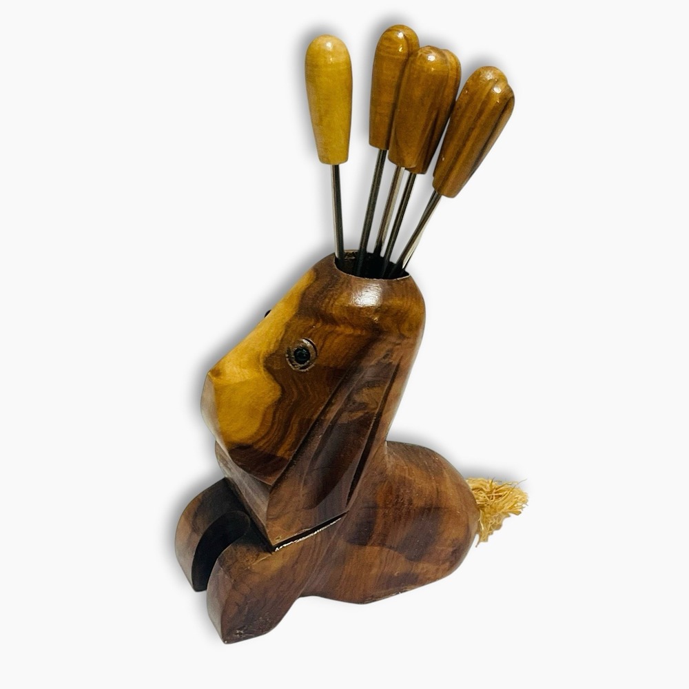 Vintage Wood Dog Bunny Hors D'oeuvres Olive Cocktail Picks Holder Forks Barware